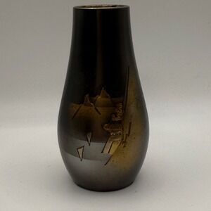 Fine Arts Japan Vase Etched Pagoda Mountain Scene Bronze Bud Vase‎ 3.5" Tall
